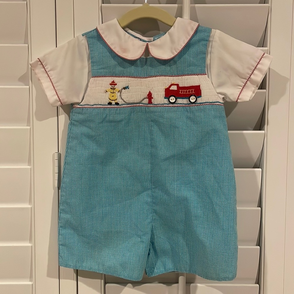 Petit Ami Blue Checkered Firetruck Shortall - Size 18 months